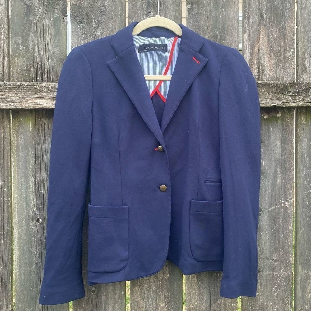 Zara Navy Jersey Fitted Two Button Blazer | S‎
